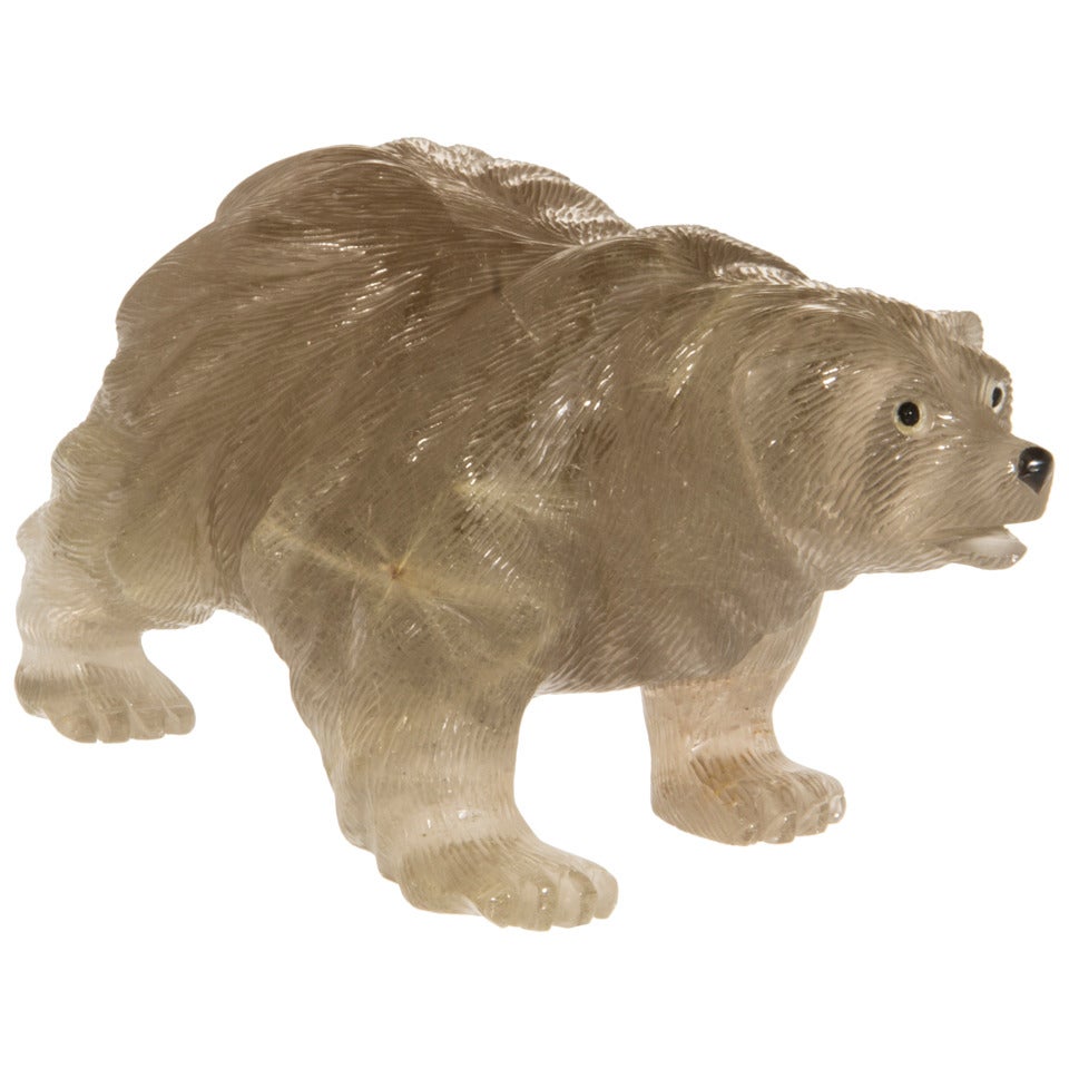 Carved Smoky Quartz Crystal Bear Sculpture, circa 1930s