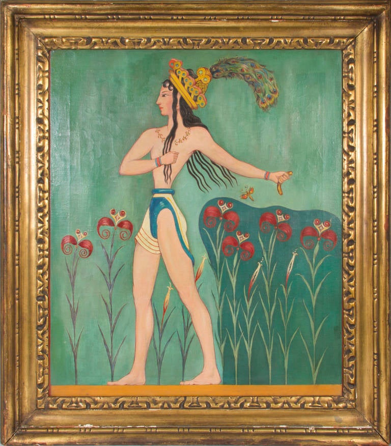 This is beautifully painted piece after a painting done in 1600 BC. The original painting was restored in the early part of the 1900s by a pair of French painters at the height of Art Nouveau. This painting was done after, and exhibits touches of