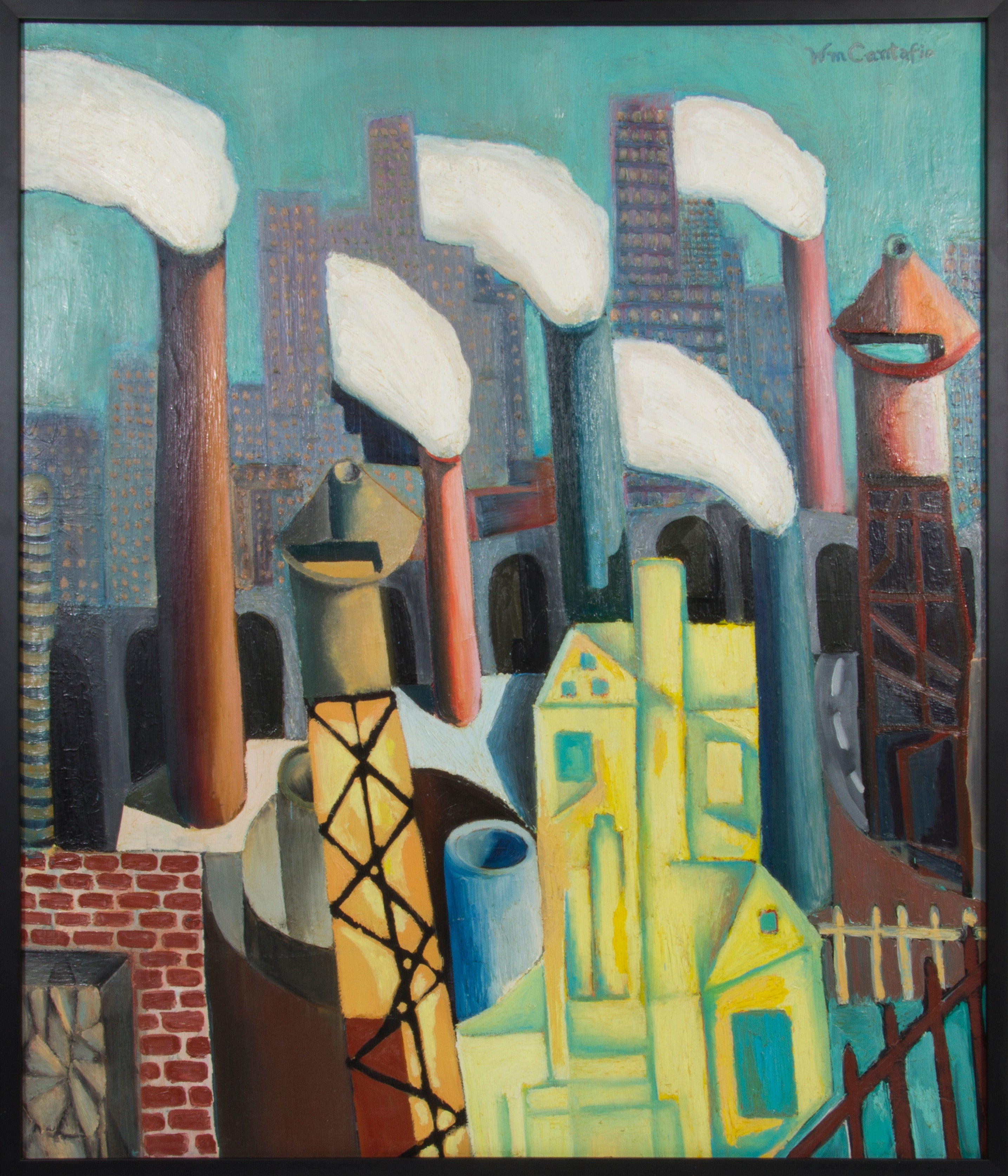 William Cantafio Oil on Canvas "Smokestacks" Painting For Sale