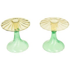 Steuben Yellow and Green Spiral  Glass Candlesticks