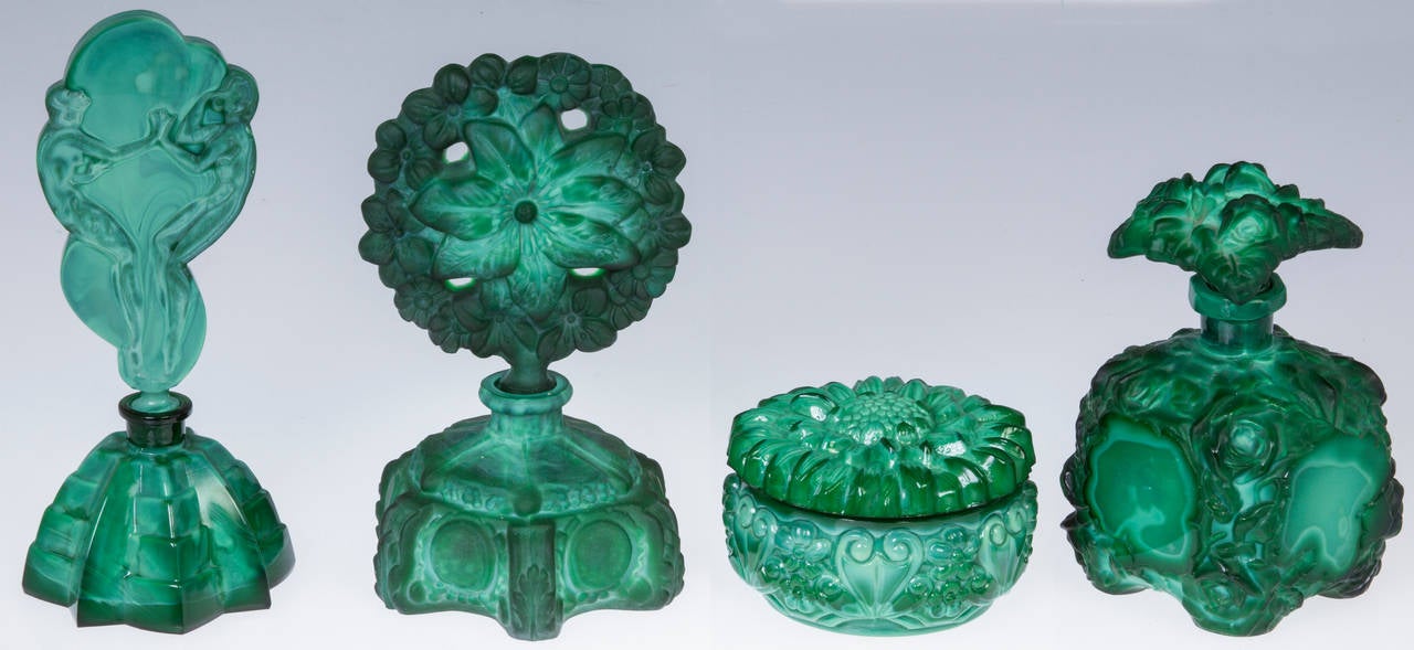 Art Deco Malachite Glass Perfume Bottles and Powder Set