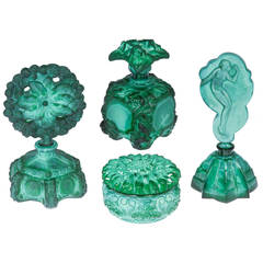 Art Deco Malachite Glass Perfume Bottles and Powder Set