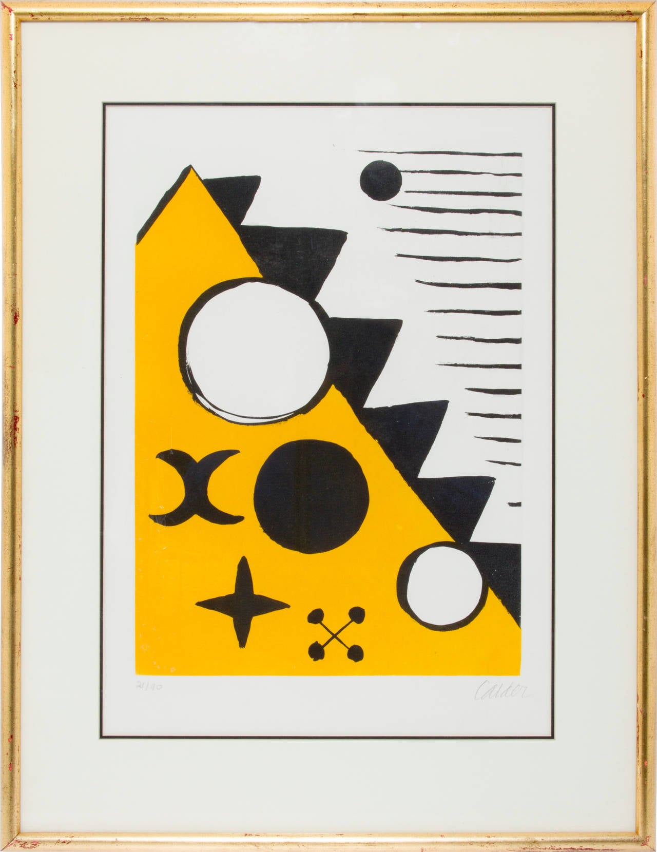 This is a wonderful and unusual Alexander Calder lithograph; pencil signed and is number 21 out of an edition of 90. The title translates to Saw and Balls.

The print itself measures 21 1/2" by 15".