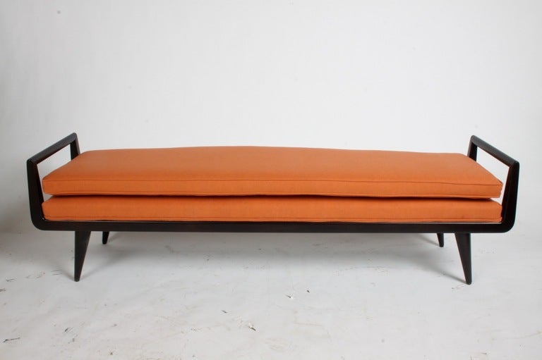 Mid-Century Modern mahogany bench with burnt orange upholstery  1