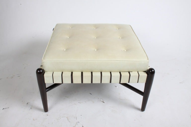 American Large Midcentury Ottoman or Stool with Creme Leatherette Straps and Seat For Sale
