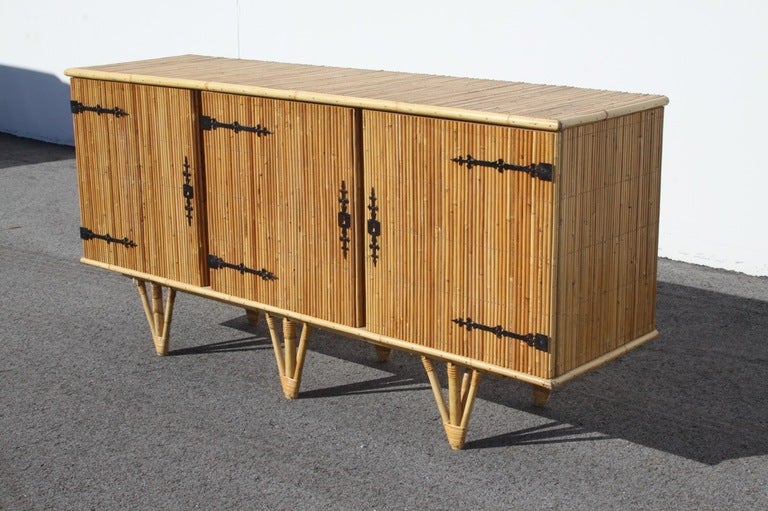 Bamboo sideboard in bamboo with wrought iron hardware