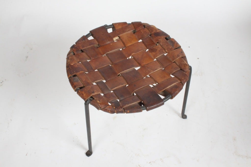 Mid-20th Century Eugene Weston III woven leather and iron stool