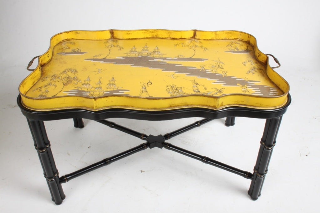 Hand-painted Japanese theme lacquered tray coffee table with faux bamboo base, tray lifts off for serving, base 20.5 H 24 W 36 L. Base refinished. 

Measures: Tray 22 W x 38 L x 24 H.
