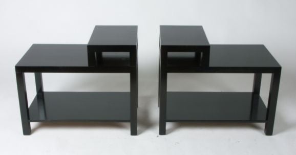 Pair of Dark Espresso stepped end tables with lower shelf designed by T.H. Robsjohn-Gibbings for Widdicomb, dated 1949, Widdicomb label. Mid-Century Modern. 