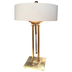 Midcentury Desk Lamp, Brass and Enamel with Lucite Pull