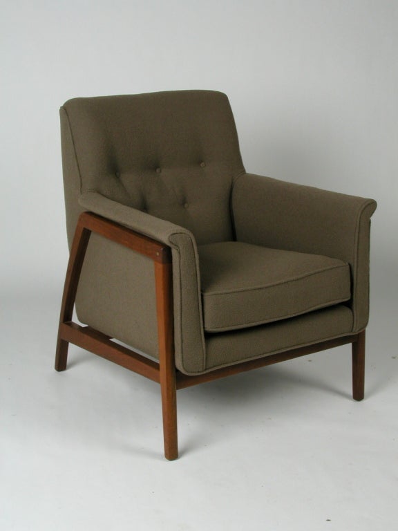 Edward Wormley for Dunbar A frame lounge chair from his 1958 Conversation line, model number 258, walnut frame supports upholstered body, reupholstered in brown boucle fabric.
Dimensions: 	20
