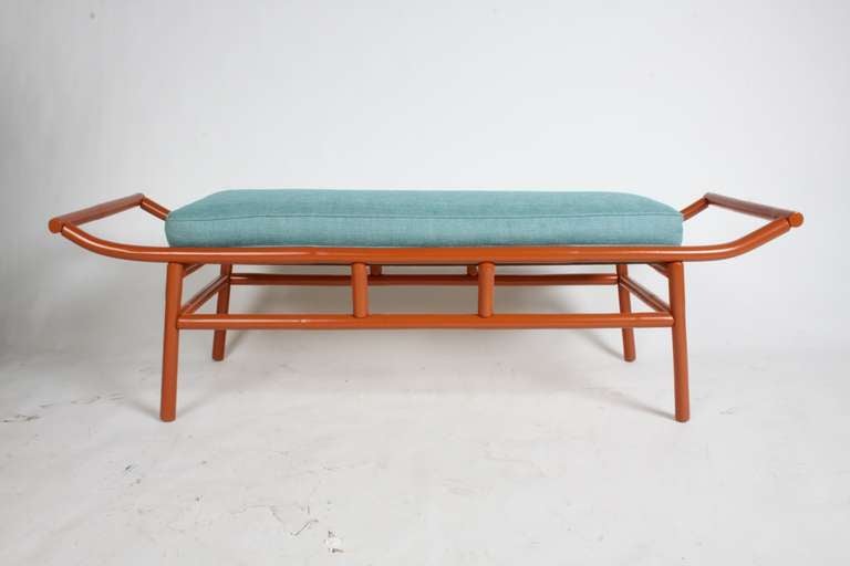 1950's chinese orange-red lacquered Pagoda shaped bamboo bench