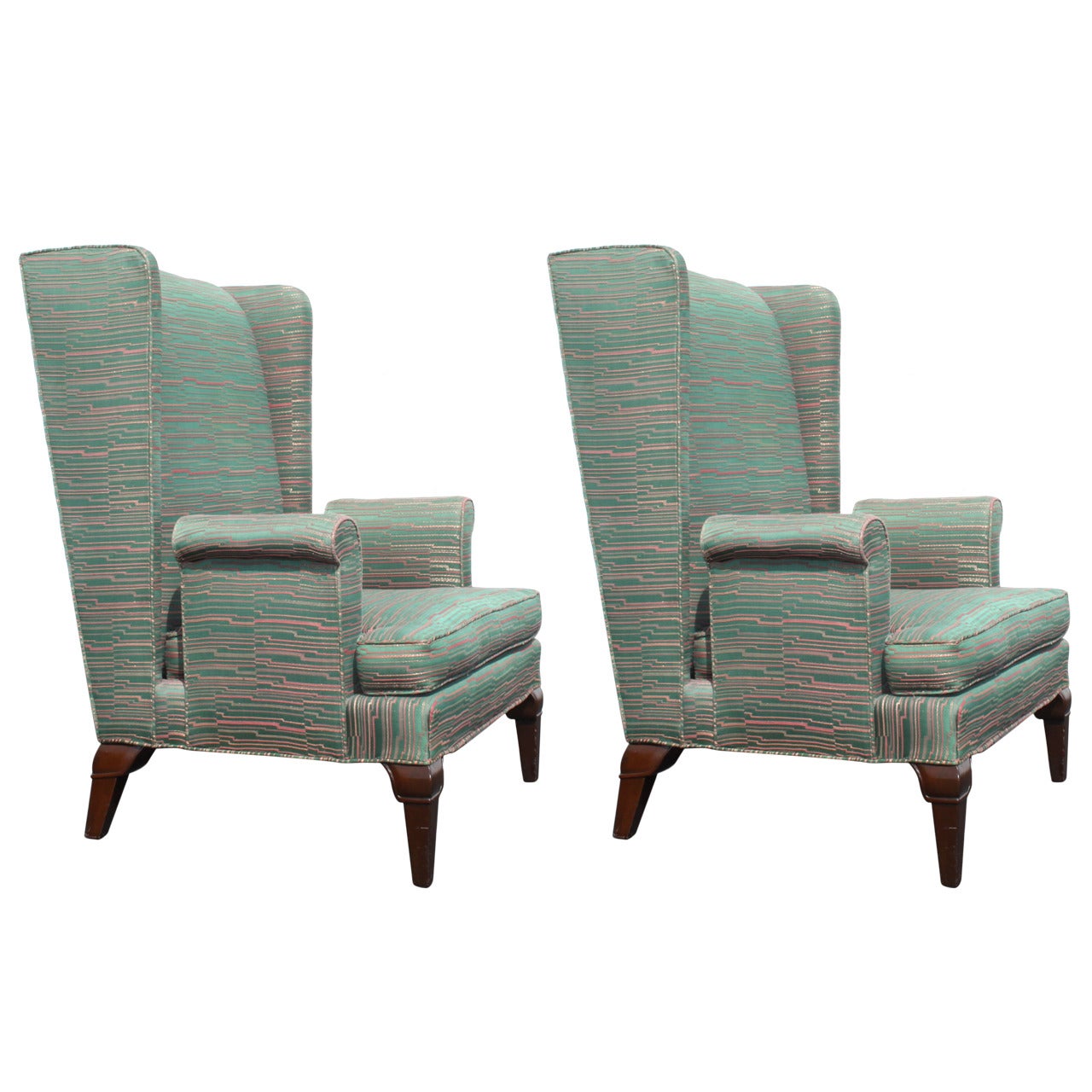 Pair of Tall Back Stylized Wingback Chairs Attributed to Grosfeld House For Sale