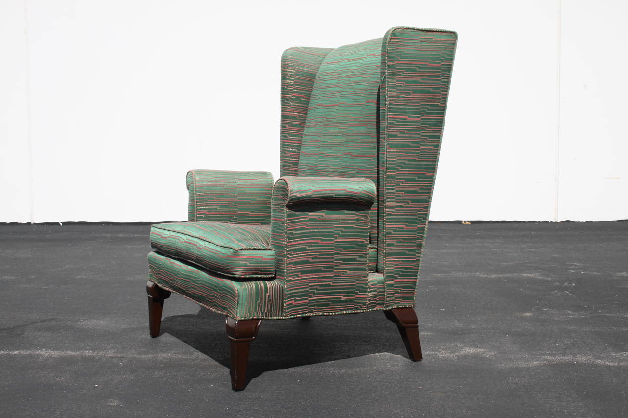 Pair of Tall Back Stylized Wingback Chairs Attributed to Grosfeld House In Good Condition In St. Louis, MO