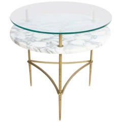 Mid-Century Italian Two-Tiered Occasional Table in Brass, Marble and Glass