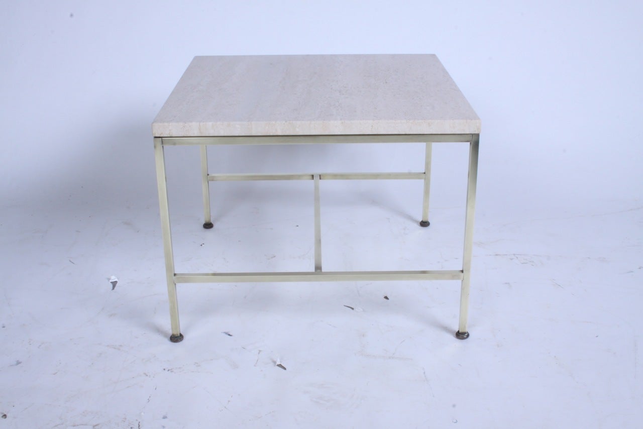 Pair of Paul McCobb Travertine Top Brass End Tables For Sale