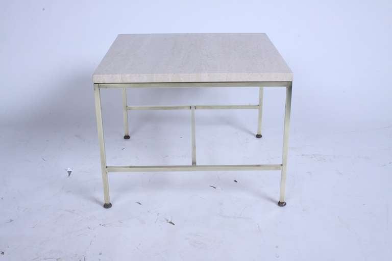 Pair of Paul McCobb brass base end tables with travertine tops.