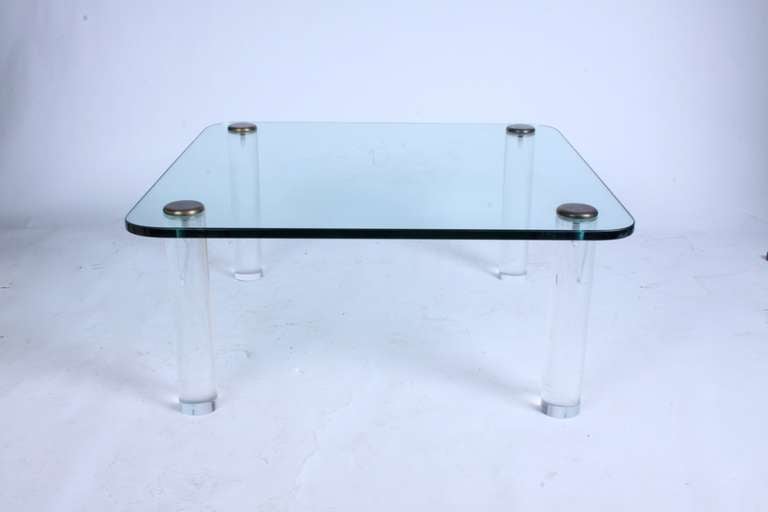 Pace, 1970s Lucite Leg Cocktail Table with Glass Top and Brass Caps In Good Condition In St. Louis, MO