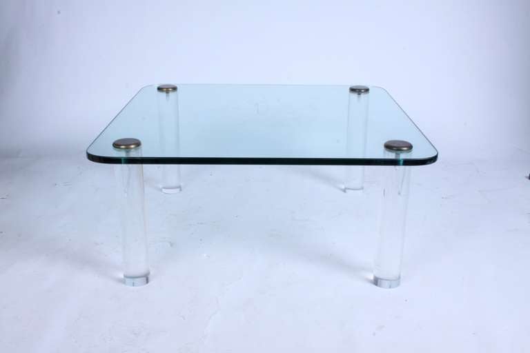 Pace, 1970s Lucite Leg Cocktail Table with Glass Top and Brass Caps In Good Condition For Sale In St. Louis, MO