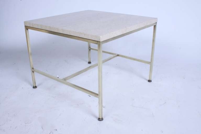 American Pair of Paul McCobb Travertine Top Brass End Tables For Sale