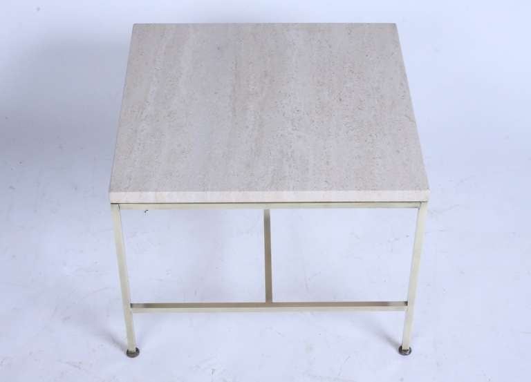 Pair of Paul McCobb Travertine Top Brass End Tables For Sale 1