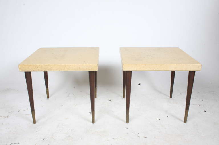 Cork top side tables by Paul Frankl for Johnson Furniture, tapered mahogany legs with brass sabots. Can stack.