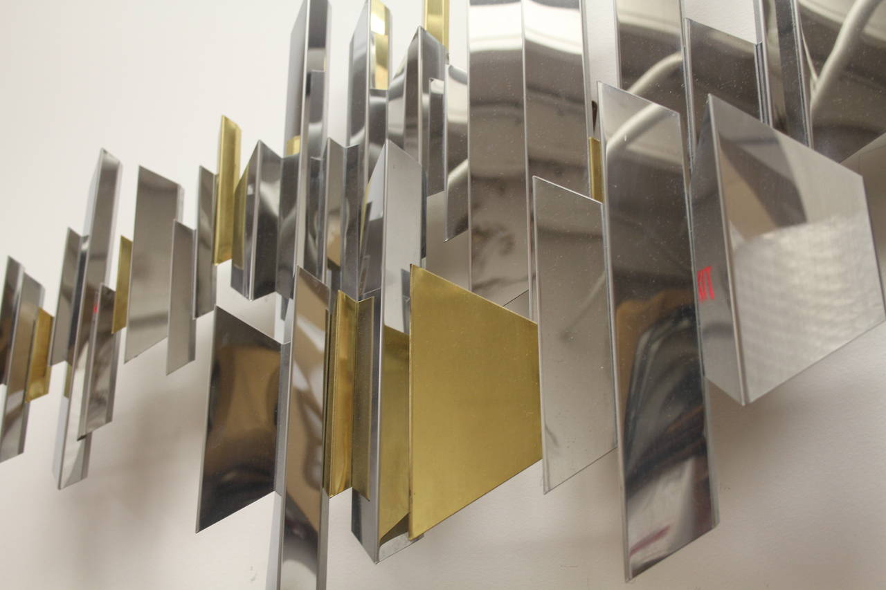 Mid-Century Modern C. Jere Cityscape Abstract Art Wall Sculpture in Brass and Chrome