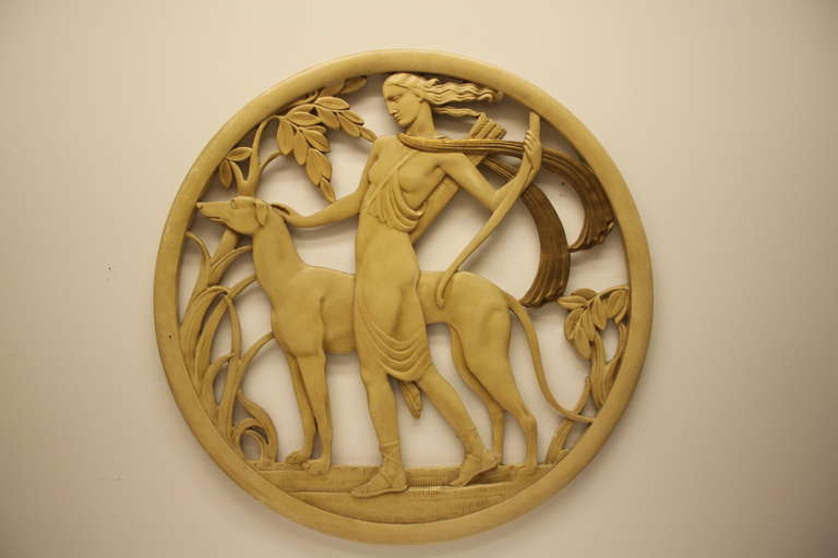 Plaster medallion in stylized Art Deco style of Greek Mythological figure: Diana the Huntress