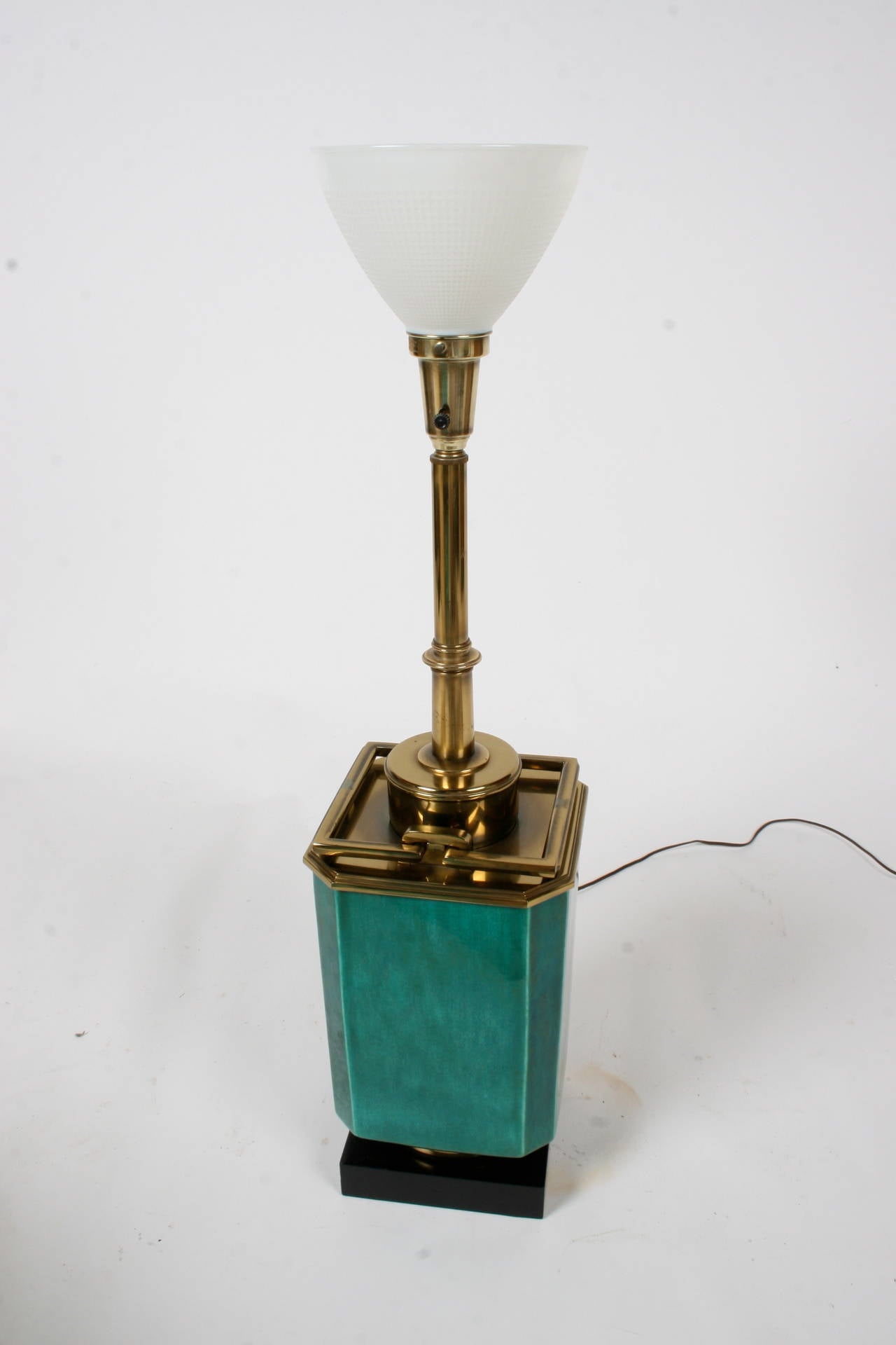 Large-scale Stiffel green ceramic Asian Style lamp with brass details. Shade shown for display only.