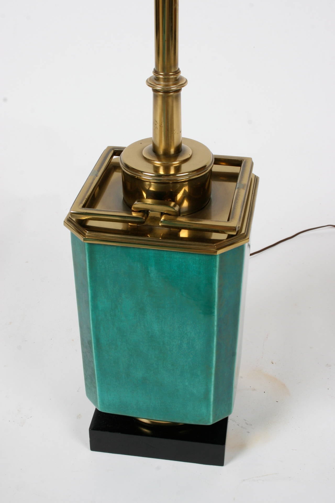 Mid-Century Modern Large Stiffel Green Ceramic Asian Style Table Lamp with Brass Fittings For Sale