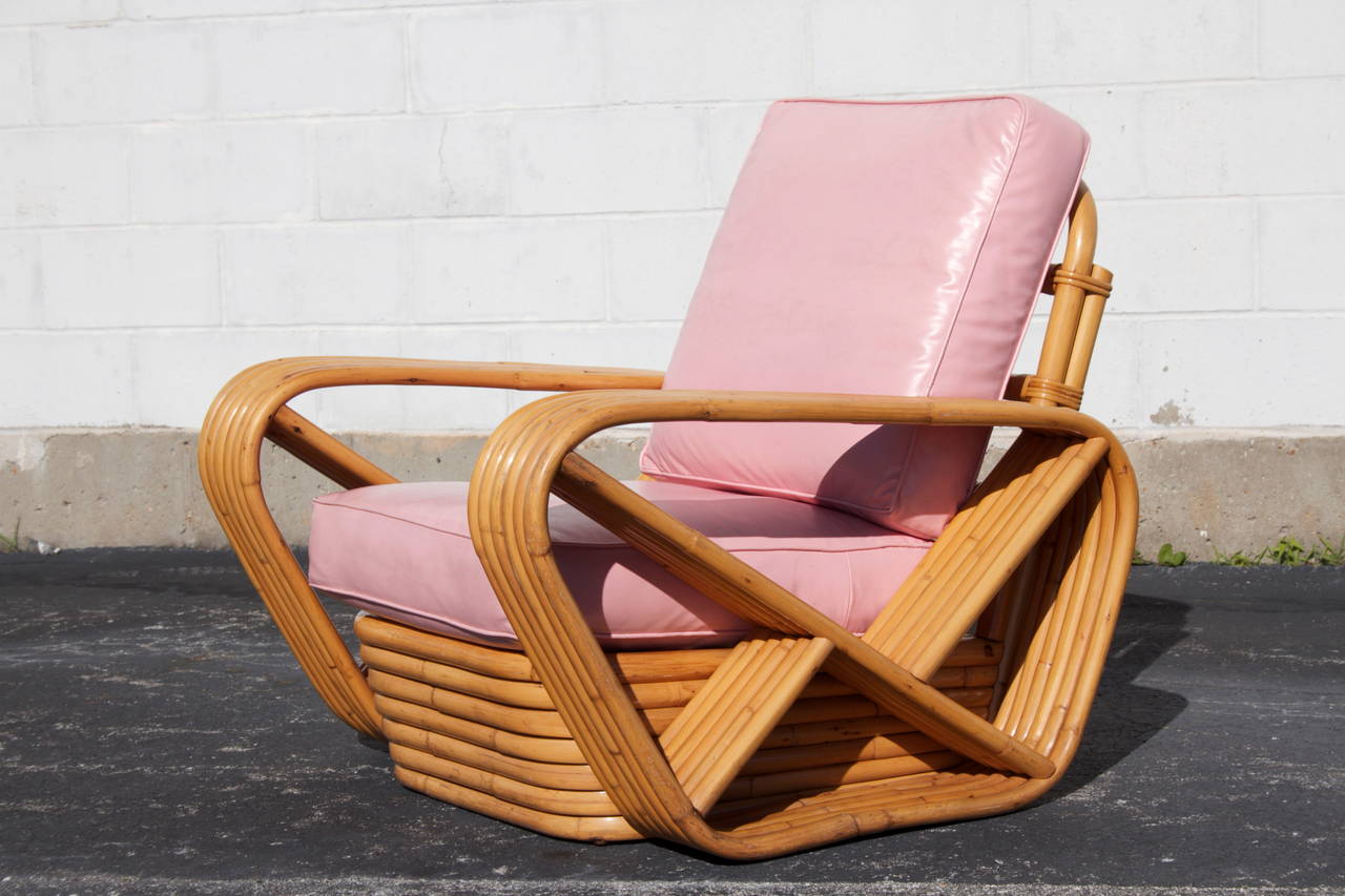 Art Deco Paul Frankl Style Six Band Arm Rattan Lounge Chairs