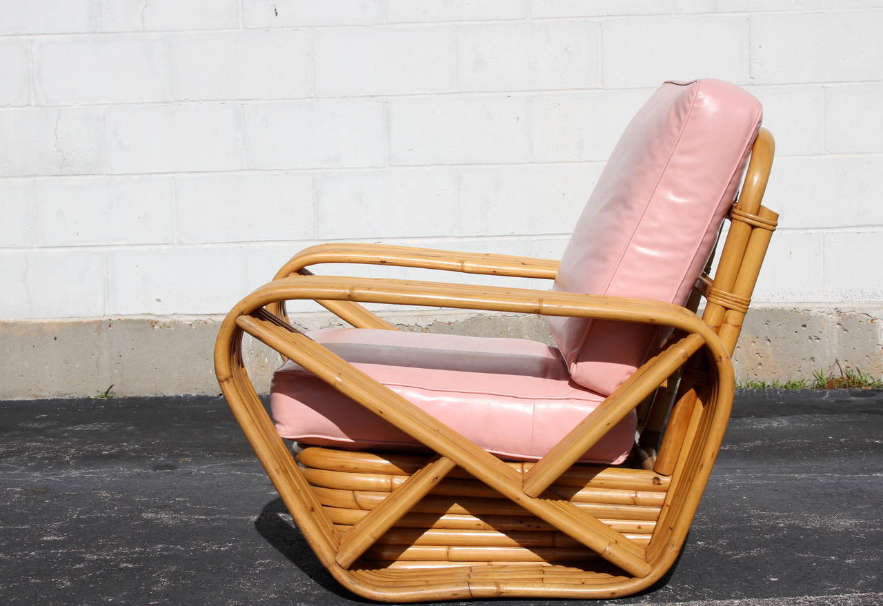 Bamboo Paul Frankl Style Six Band Arm Rattan Lounge Chairs