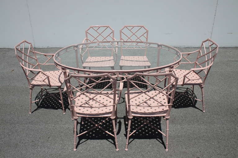 Chinese Chippendale Brown Jordan Patio Set 6 Chairs & Oval Table In Good Condition In St. Louis, MO