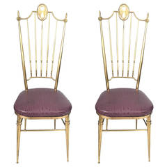 Two Tall Back Brass Italian Side Chairs with Aubergine Crocodile Leather Seats 10