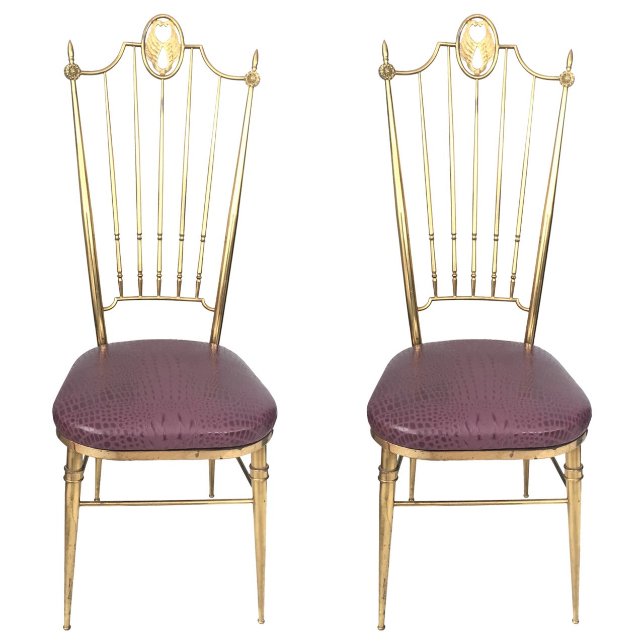 Tall Back Brass Italian Side Chairs with Aubergine Crocodile Leather Pair avail