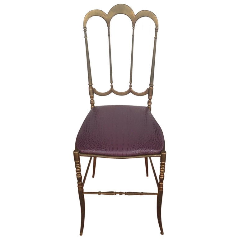 Brass Italian Chiavari Chair with Aubergine Crocodile Leather