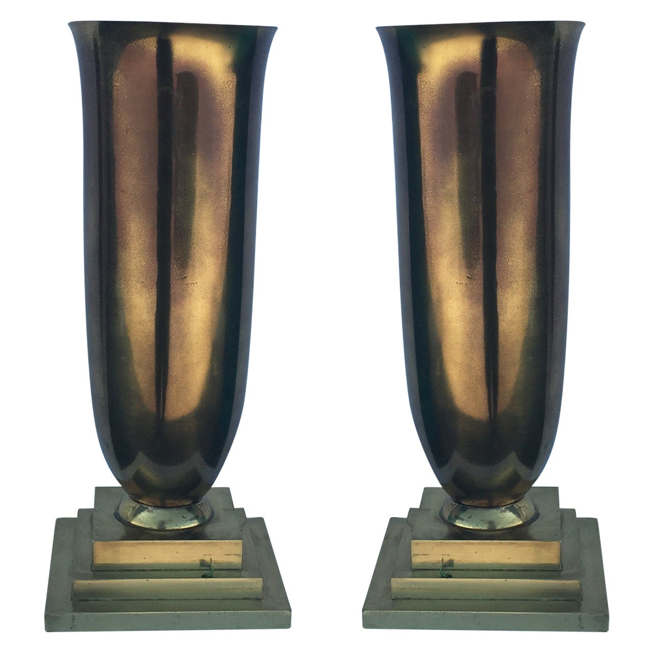 Pair of Art Deco Bronze and Brass Urns