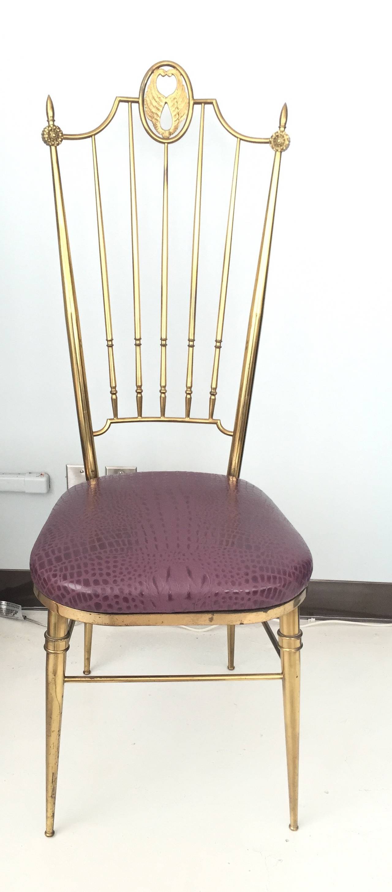 Mid-Century Modern Tall Back Brass Italian Side Chairs with Aubergine Crocodile Leather Pair avail