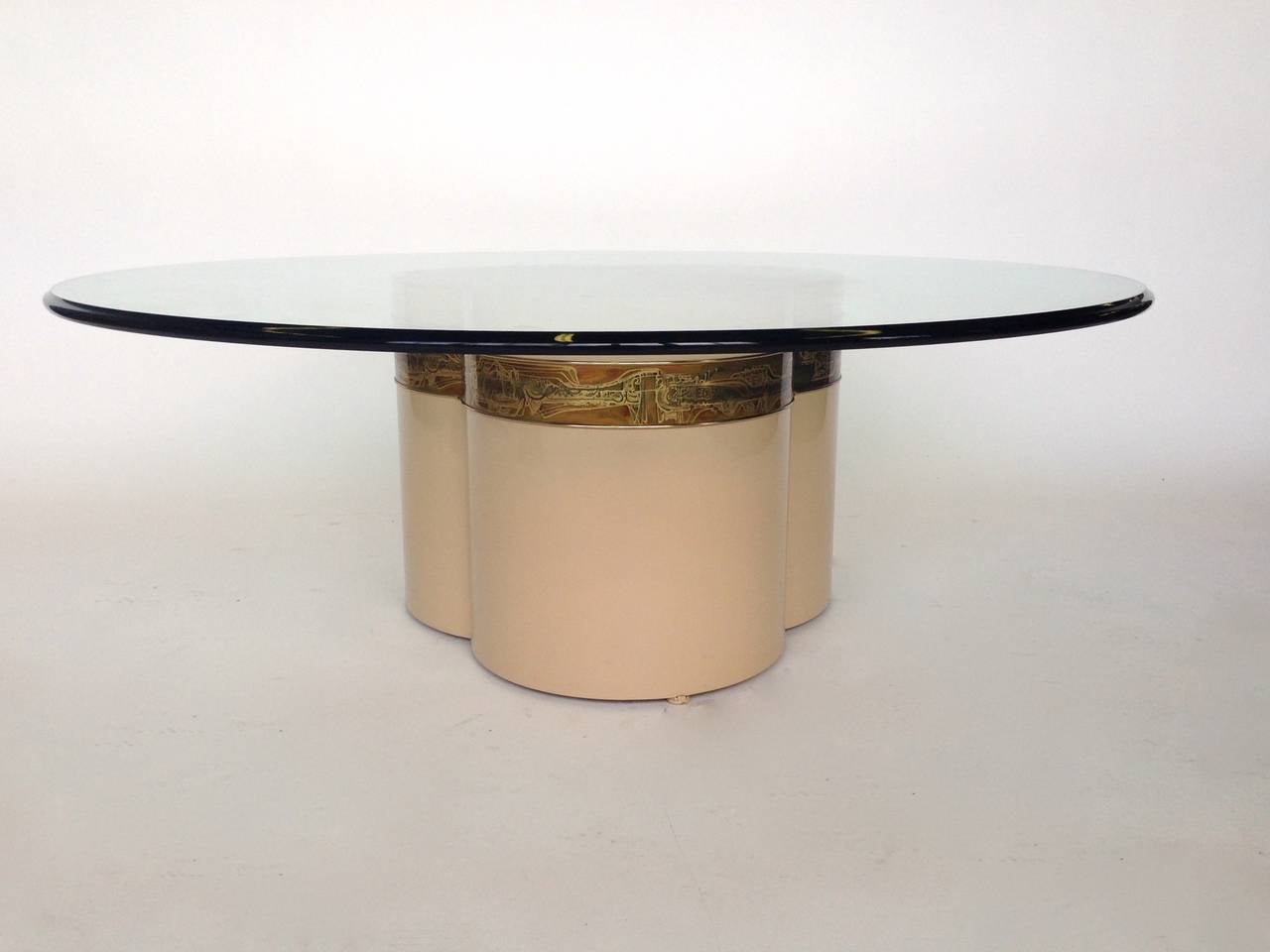 Sculptural lacquered pedestal with etched brass detail and glass top. Designed by Bernard Rohne for Mastercraft.