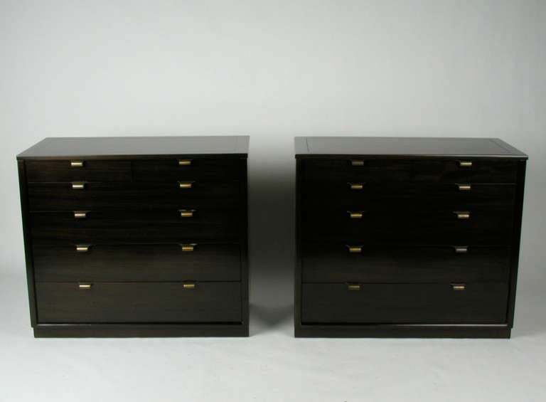 Matching pair of Edward Wormley for Drexel chests from the Precedent collection with brass hardware, circa 1947.
Size shown in photos are 32