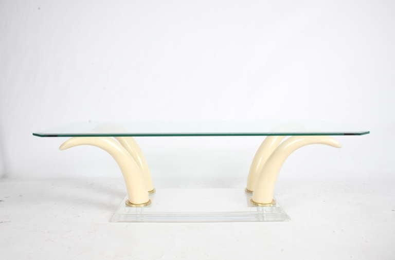 Mid-Century Modern Faux Tusk Cocktail Table with Lucite Base and Glass Top