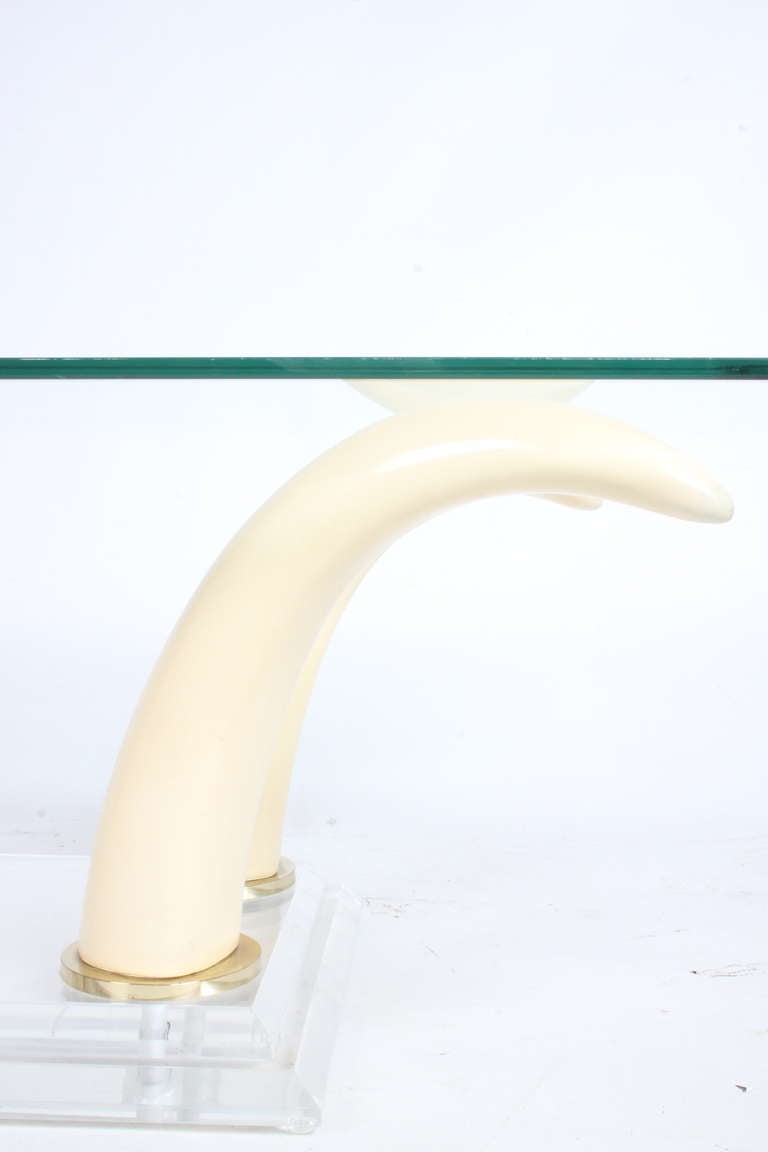 Faux Tusk Cocktail Table with Lucite Base and Glass Top In Good Condition For Sale In St. Louis, MO