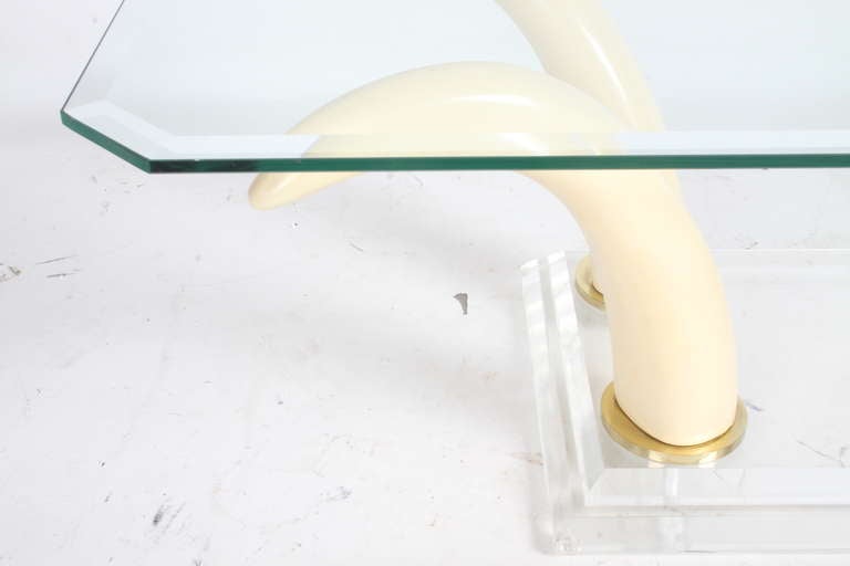 Faux Tusk Cocktail Table with Lucite Base and Glass Top For Sale 1
