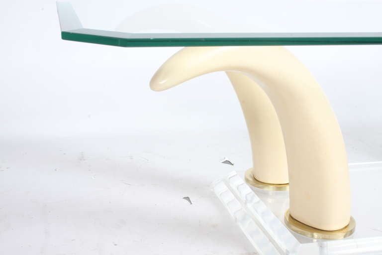 Faux Tusk Cocktail Table with Lucite Base and Glass Top For Sale 2