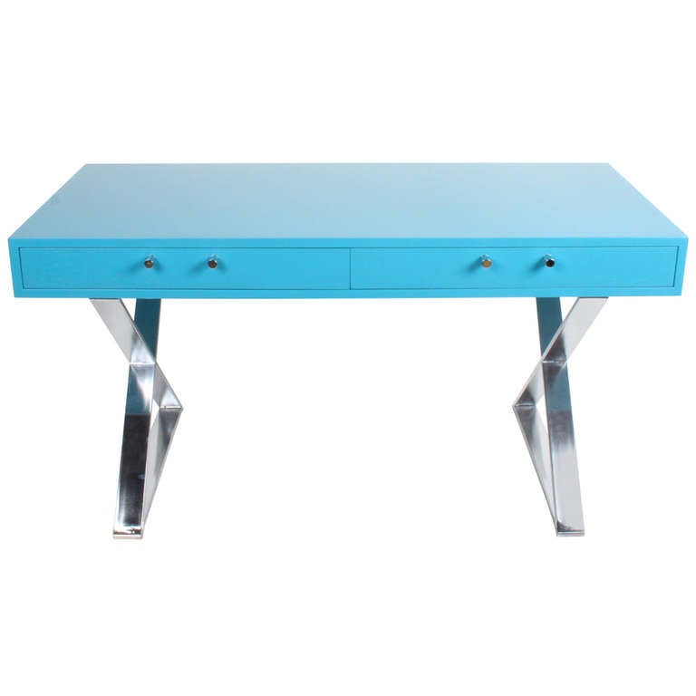 Milo Baughman Blue Lacquer Desk With Chrome X Base At 1stdibs Milo Baughman Blue Lacquer Desk With Chrome X Base