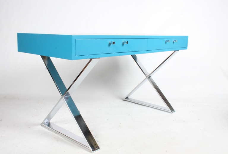 Milo Baughman Blue Lacquer Desk with Chrome 