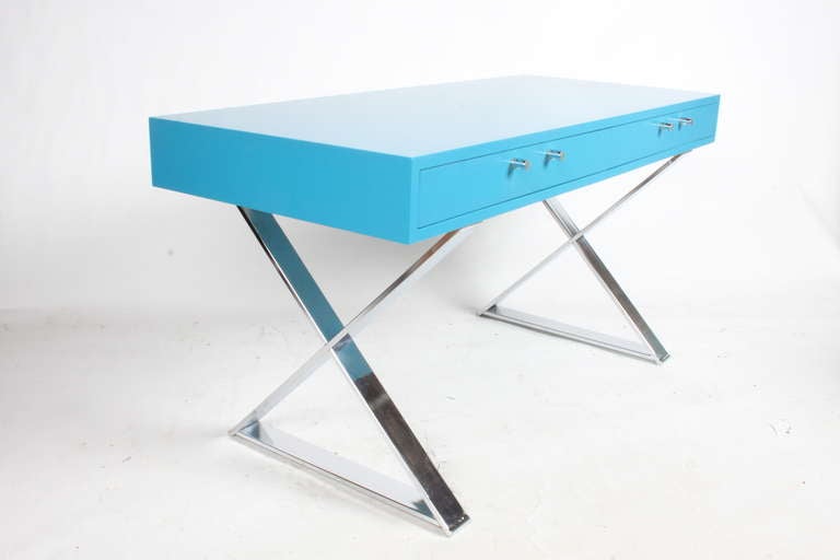American Milo Baughman Blue Lacquer Desk with Chrome 