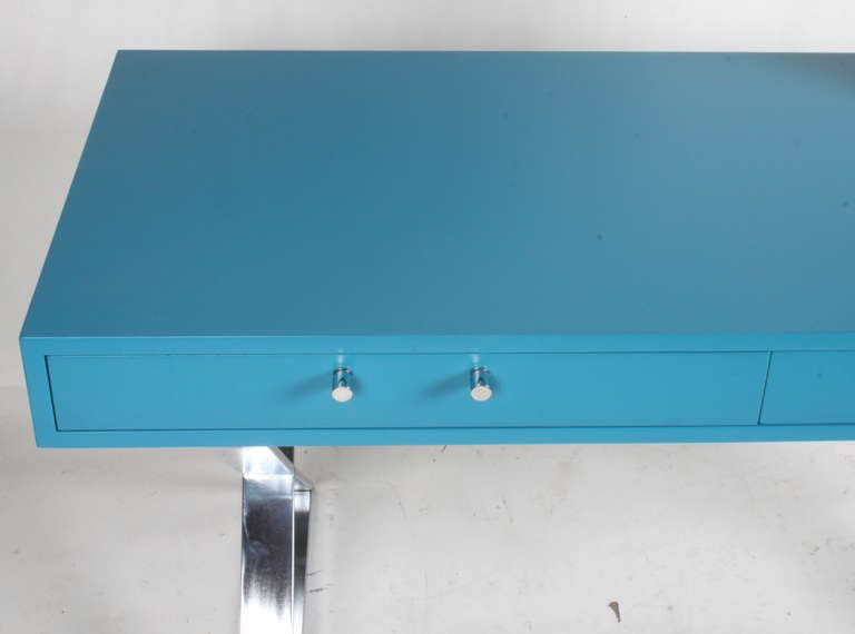 Milo Baughman Blue Lacquer Desk with Chrome 