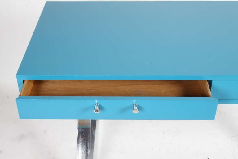 Mid-Century Modern Milo Baughman Blue Lacquer Desk with Chrome 