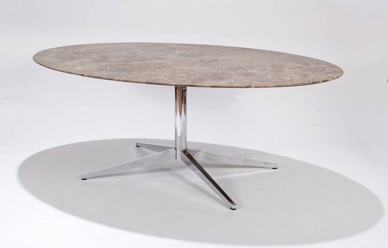 Florence Knoll marble-top dining table with chrome base, grey-beige marble top. Chrome base in excellent condition.